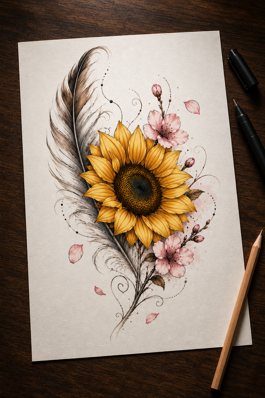 Tattoo-Entwurf mit botanischen Linien auf Papier